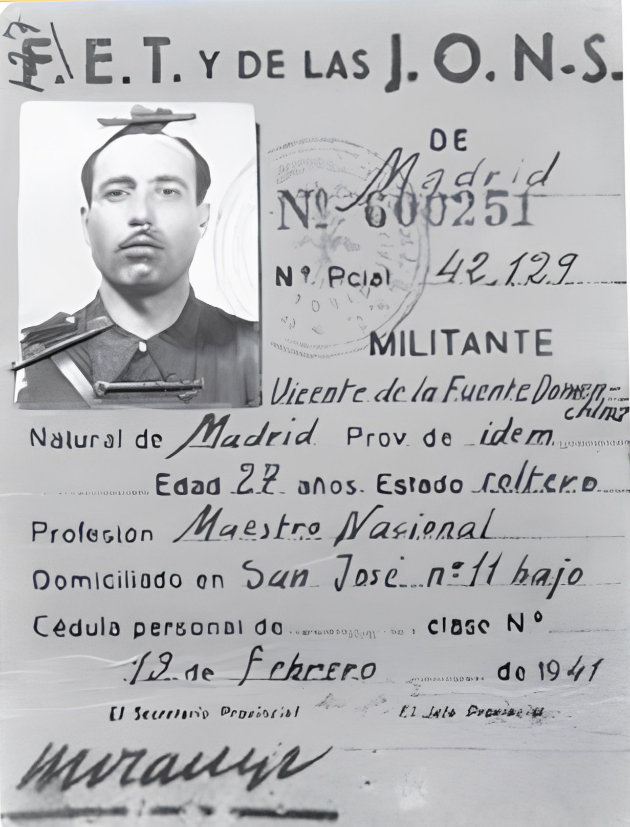 Carnet falsificado de Falange de Agustín Zora Sánchez